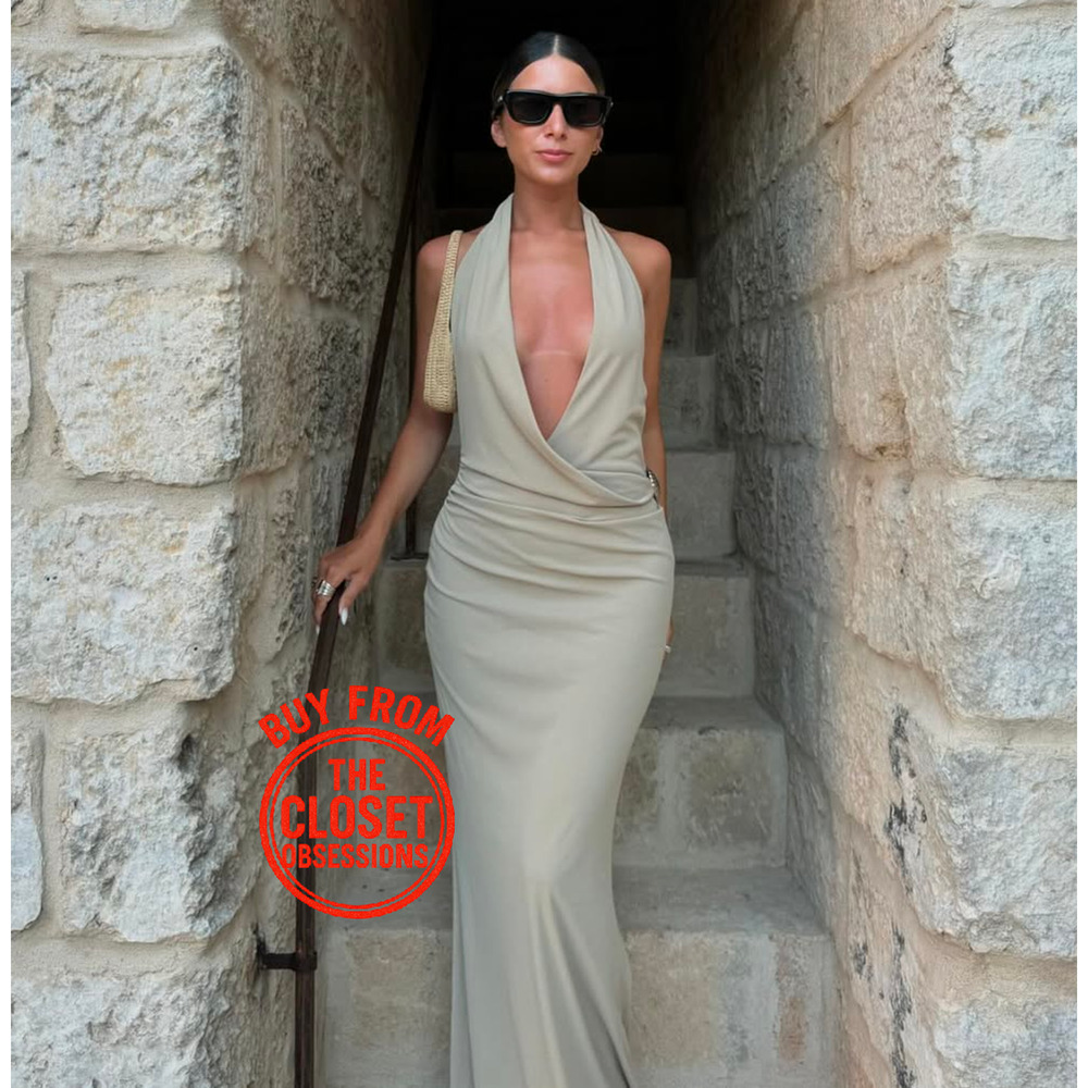 Zara NWT Khaki Halter Open Back Draped Maxi Dress M L